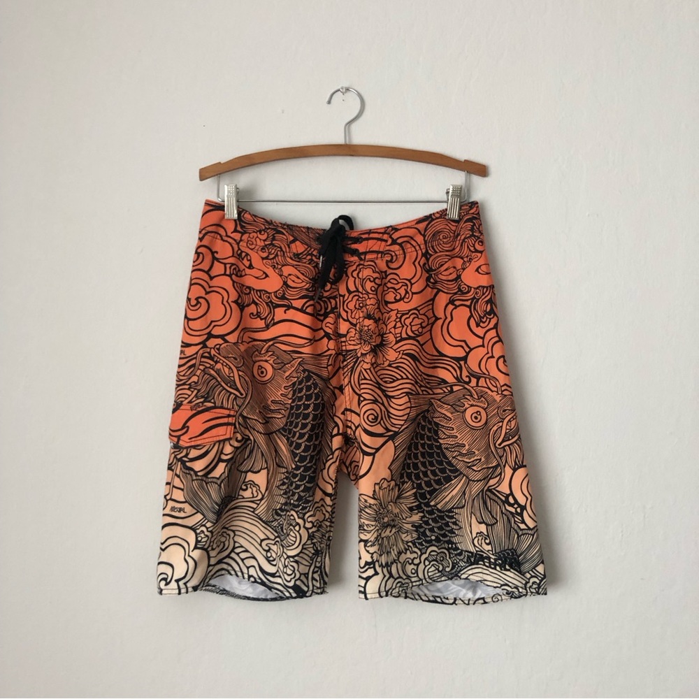 Ripcurl Men’s Swimtrunks Orange Black Yellow Size 32 Dragon Koi Anime Japanese